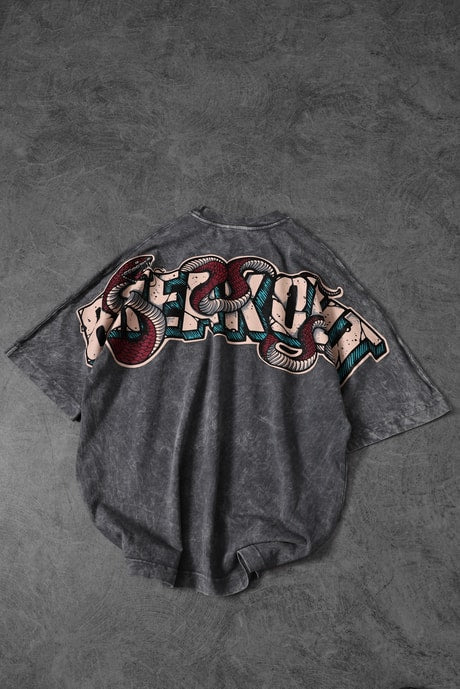 Men's Gray Snake Print Special Wash Fabric Oversize T-shirt