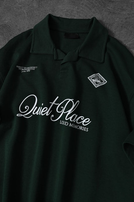 Men's Khaki Quiet Place Printed Oversize Polo Neck T-shirt