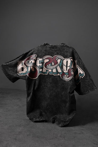 Men's Anthracite Snake Print Special Wash Fabric Oversize T-shirt