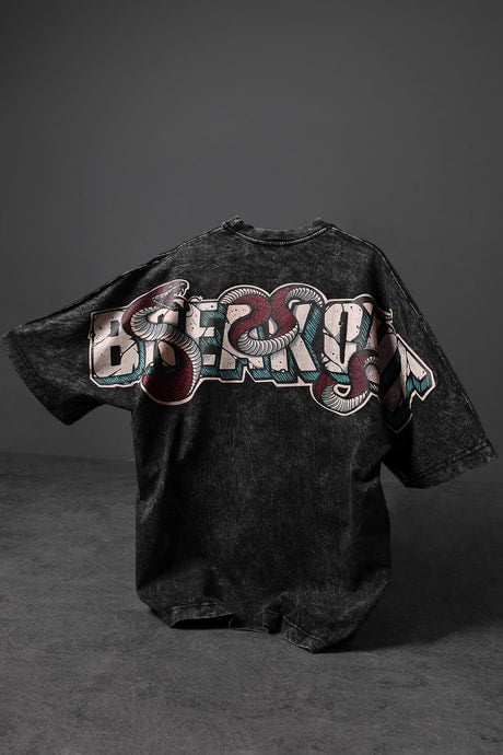 Men's Anthracite Snake Print Special Wash Fabric Oversize T-shirt