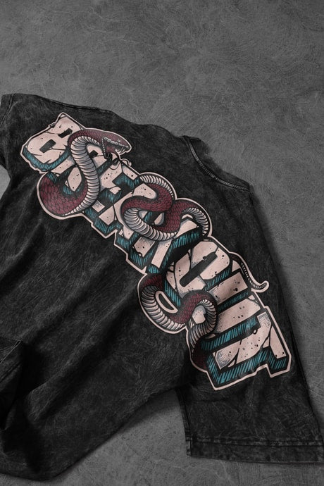 Men's Anthracite Snake Print Special Wash Fabric Oversize T-shirt