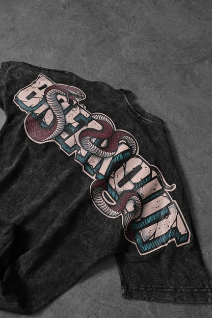 Men's Anthracite Snake Print Special Wash Fabric Oversize T-shirt