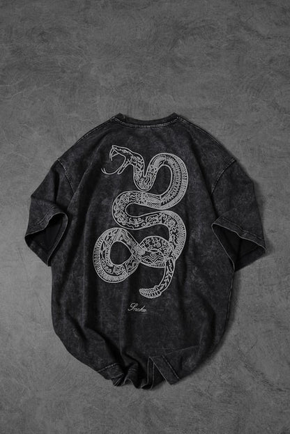 Men's Anthracite Snake Embroidered Special Wash Fabric Oversize T-shirt