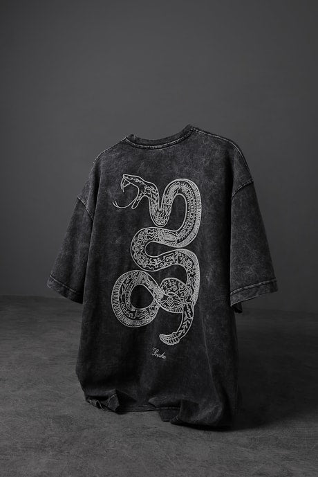Men's Anthracite Snake Embroidered Special Wash Fabric Oversize T-shirt