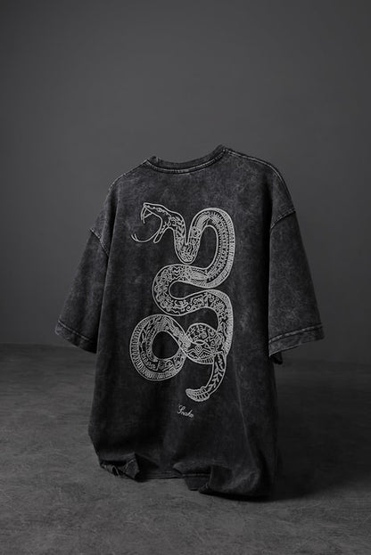 Men's Anthracite Snake Embroidered Special Wash Fabric Oversize T-shirt