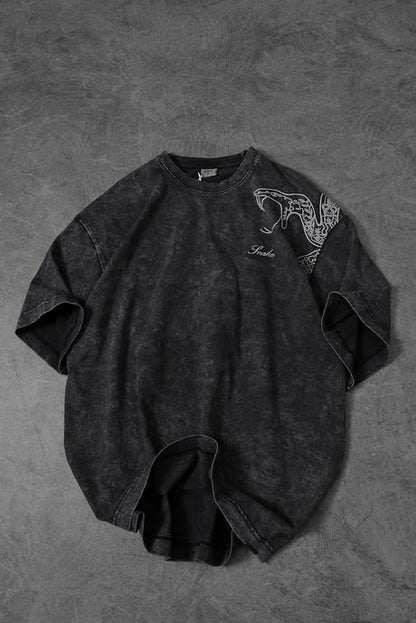 Men's Anthracite Snake Embroidered Special Wash Fabric Oversize T-shirt
