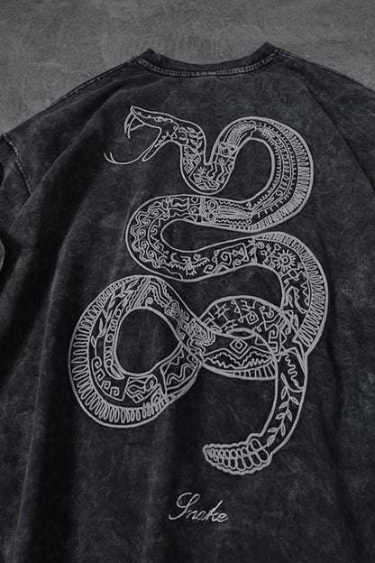 Men's Anthracite Snake Embroidered Special Wash Fabric Oversize T-shirt