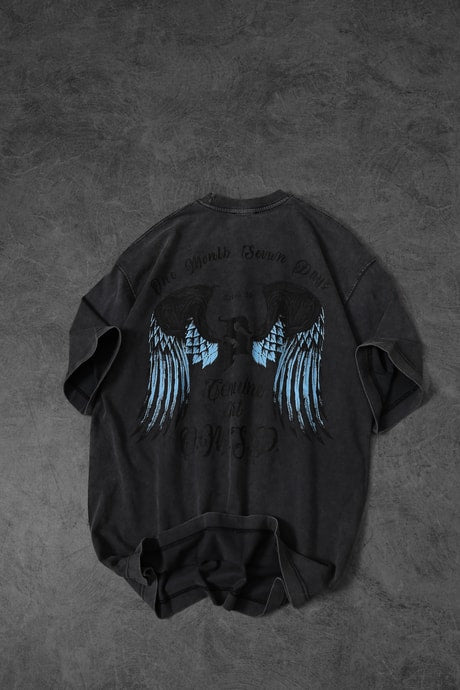 Men's Anthracite Wings Special Wash Fabric Oversize T-shirt