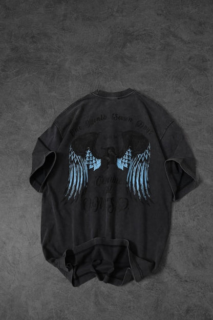 Men's Anthracite Wings Special Wash Fabric Oversize T-shirt
