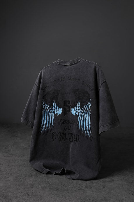 Men's Anthracite Wings Special Wash Fabric Oversize T-shirt