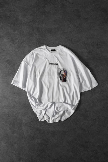 Men's White Completed Embroidery and Patch and Printed Oversize T-shirt