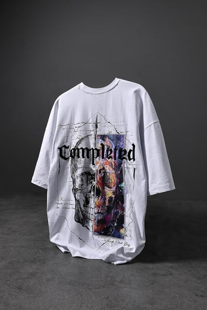 Men's White Completed Embroidery and Patch and Printed Oversize T-shirt