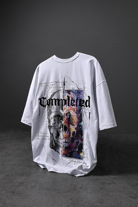 Men's White Completed Embroidery and Patch and Printed Oversize T-shirt