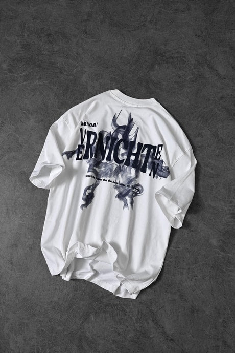 Men's White Vernichten Embossed Printed Oversize T-shirt