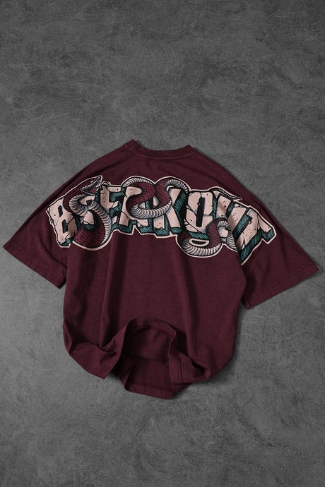 Men's Burgundy Snake Print Special Wash Fabric Oversize T-shirt