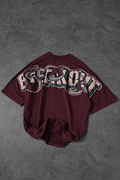 Men's Burgundy Snake Print Special Wash Fabric Oversize T-shirt