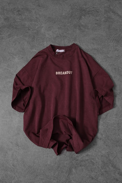 Men's Burgundy Snake Print Special Wash Fabric Oversize T-shirt