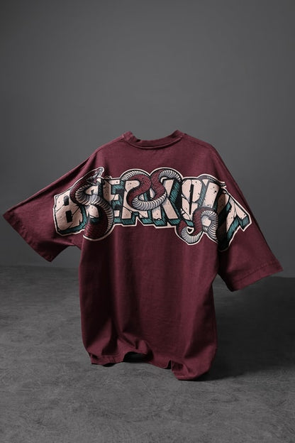 Men's Burgundy Snake Print Special Wash Fabric Oversize T-shirt