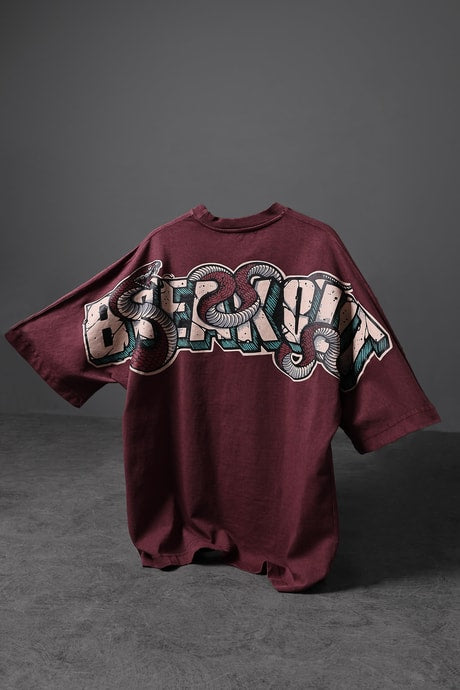 Men's Burgundy Snake Print Special Wash Fabric Oversize T-shirt