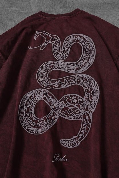 Men's Burgundy Snake Embroidered Special Wash Fabric Oversize T-shirt