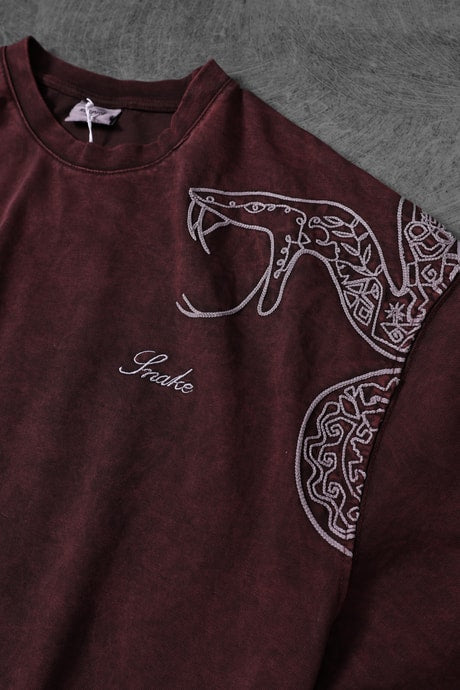 Men's Burgundy Snake Embroidered Special Wash Fabric Oversize T-shirt