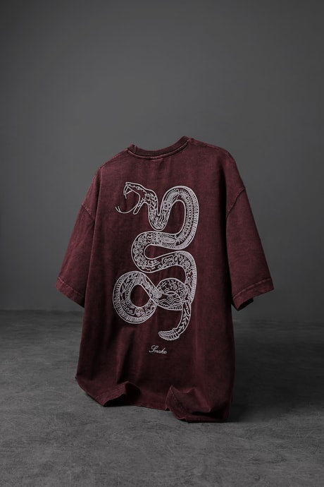 Men's Burgundy Snake Embroidered Special Wash Fabric Oversize T-shirt