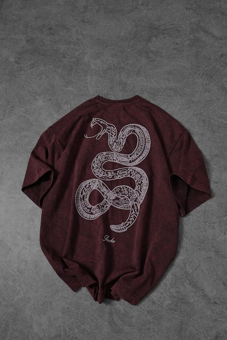 Men's Burgundy Snake Embroidered Special Wash Fabric Oversize T-shirt
