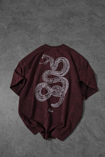 Men's Burgundy Snake Embroidered Special Wash Fabric Oversize T-shirt