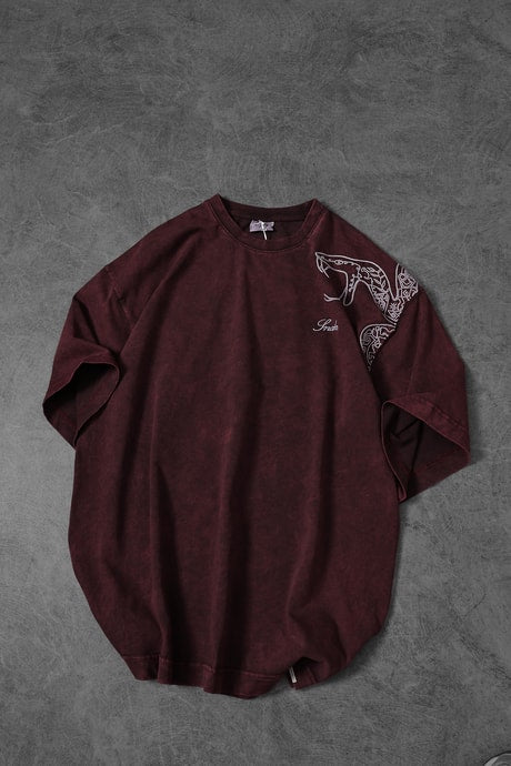Men's Burgundy Snake Embroidered Special Wash Fabric Oversize T-shirt