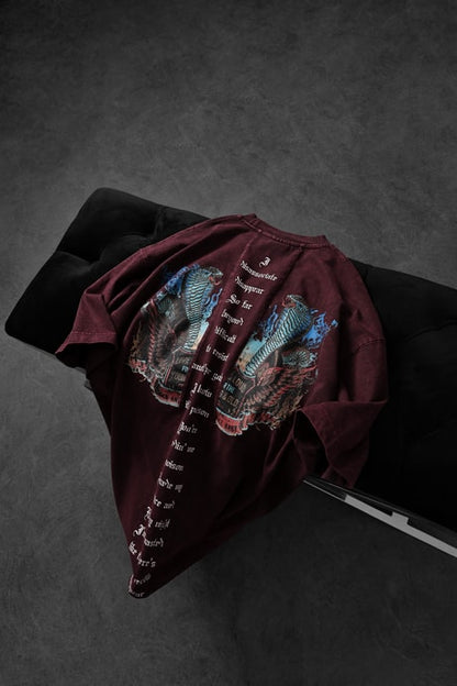 Men's Burgundy Viper Special Wash Fabric Oversize T-shirt