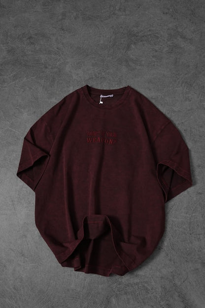 Men's Burgundy What's Your Weapon? Embroidered Special Wash Oversize T-shirt