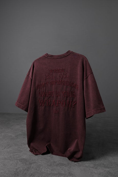Men's Burgundy What's Your Weapon? Embroidered Special Wash Oversize T-shirt