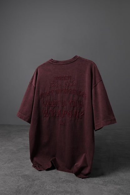 Men's Burgundy What's Your Weapon? Embroidered Special Wash Oversize T-shirt