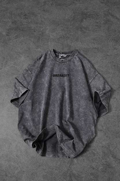 Men's Gray Snake Print Special Wash Fabric Oversize T-shirt