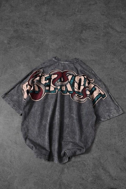 Men's Gray Snake Print Special Wash Fabric Oversize T-shirt