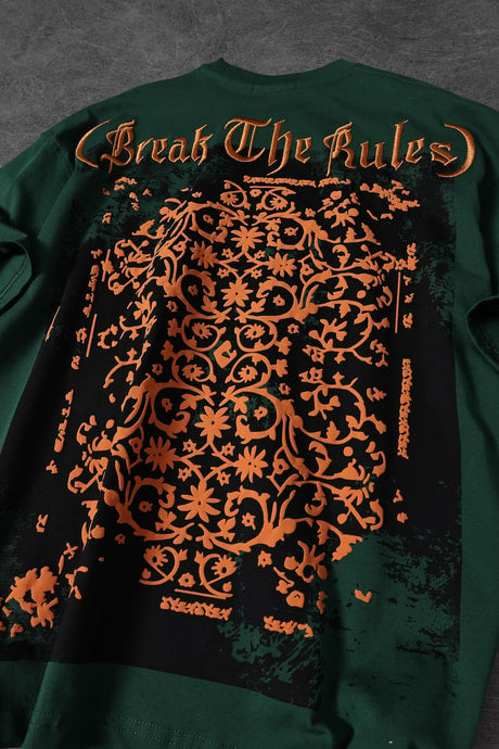 Men's Khaki Break The Rules Embossed Printed Embroidered Oversize T-shirt