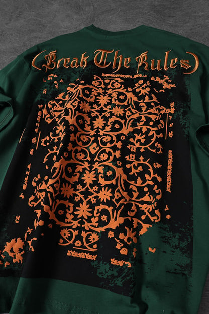 Men's Khaki Break The Rules Embossed Printed Embroidered Oversize T-shirt