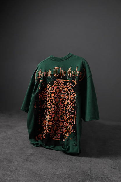 Men's Khaki Break The Rules Embossed Printed Embroidered Oversize T-shirt