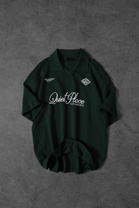 Men's Khaki Quiet Place Printed Oversize Polo Neck T-shirt