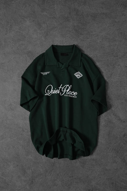 Men's Khaki Quiet Place Printed Oversize Polo Neck T-shirt