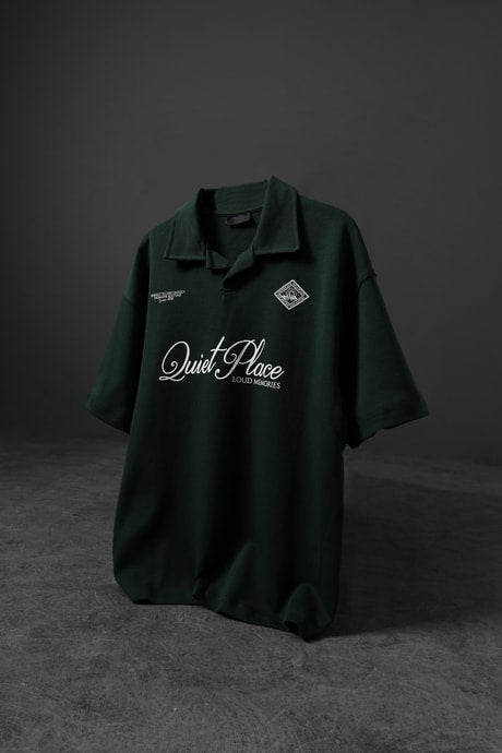 Men's Khaki Quiet Place Printed Oversize Polo Neck T-shirt