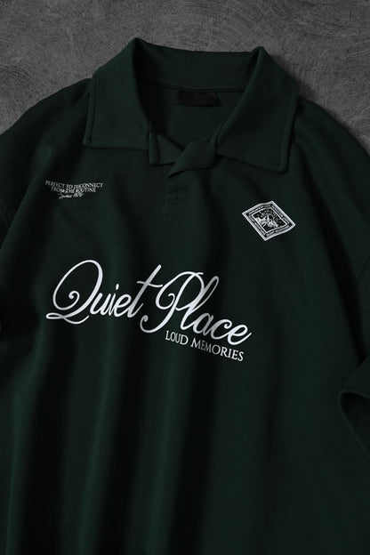 Men's Khaki Quiet Place Printed Oversize Polo Neck T-shirt