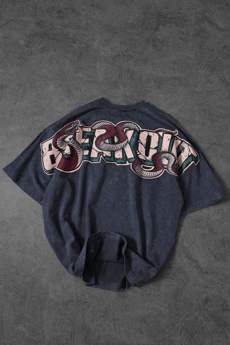 Men's Blue Snake Print Special Wash Fabric Oversize T-shirt