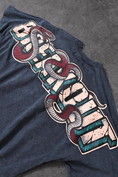 Men's Blue Snake Print Special Wash Fabric Oversize T-shirt