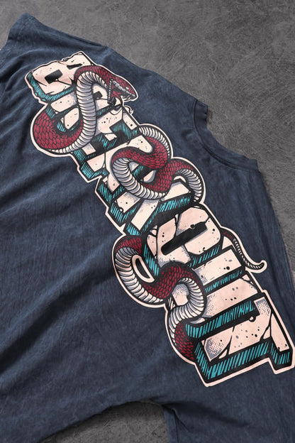 Men's Blue Snake Print Special Wash Fabric Oversize T-shirt