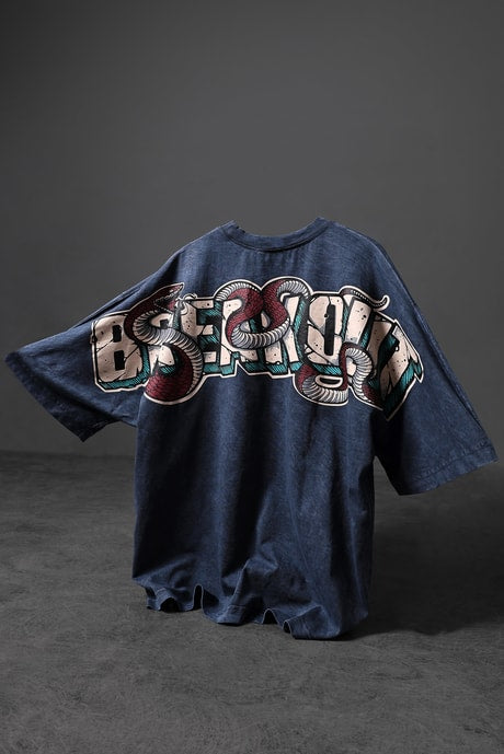Men's Blue Snake Print Special Wash Fabric Oversize T-shirt