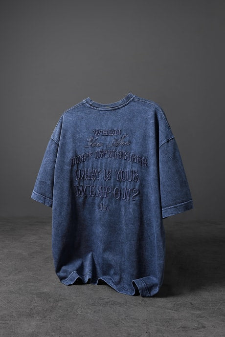 Men's Blue "What's Your Weapon?" Embroidered Custom Wash Oversize T-shirt