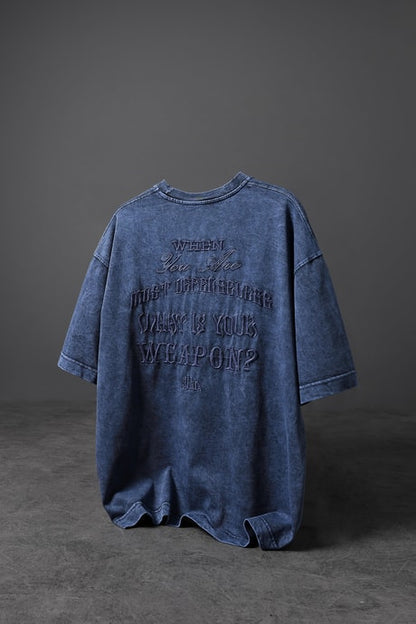 Men's Blue "What's Your Weapon?" Embroidered Custom Wash Oversize T-shirt