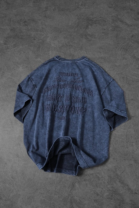 Men's Blue "What's Your Weapon?" Embroidered Custom Wash Oversize T-shirt