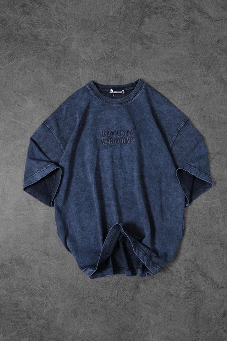 Men's Blue "What's Your Weapon?" Embroidered Custom Wash Oversize T-shirt